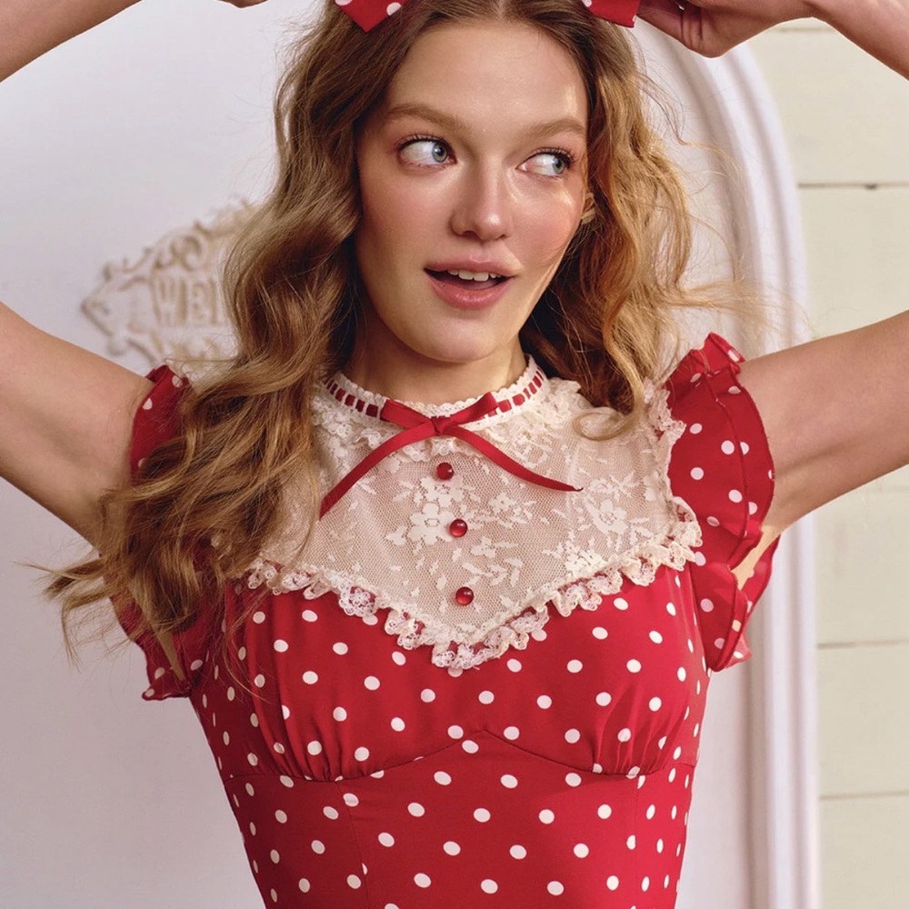 Lacemade Nini Fairy Tale House Red Polka Dot Dress with Lace Trim Size Small - Picture 3 of 7